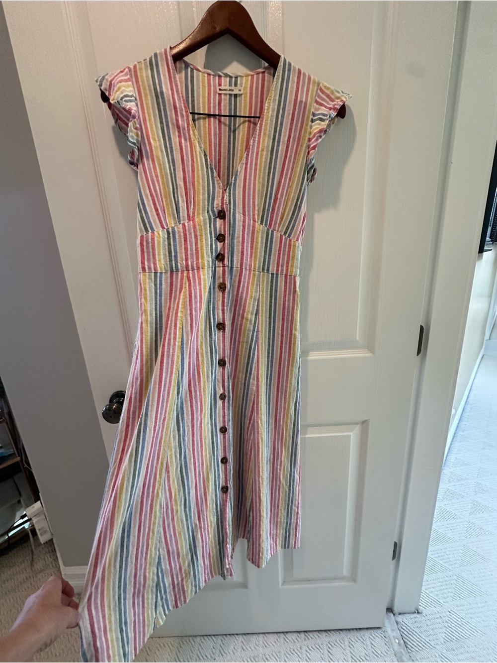 Marine Layer Pastel Striped Button-Front Midi Dress in Pink, Yellow, Blue, Green